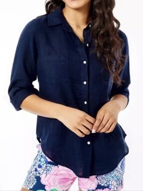 Lilly Pulitzer Sea View Linen Button Down Shirt in Navy XS
